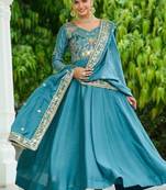 Sky blue zari & sequins embroidered work vichitra silk stitched kurta & dupatta set
