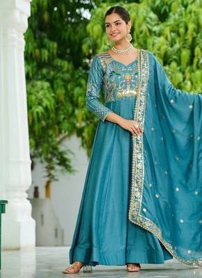 Sky blue zari & sequins embroidered work vichitra silk stitched kurta & dupatta set 2