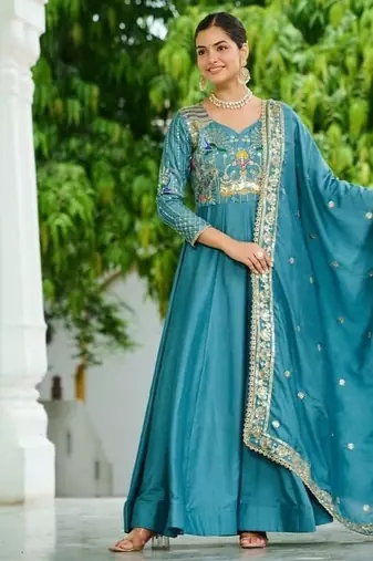 Sky blue zari & sequins embroidered work vichitra silk stitched kurta & dupatta set