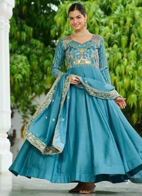 Sky blue zari & sequins embroidered work vichitra silk stitched kurta & dupatta set 3