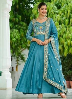 Sky blue zari & sequins embroidered work vichitra silk stitched kurta & dupatta set 4