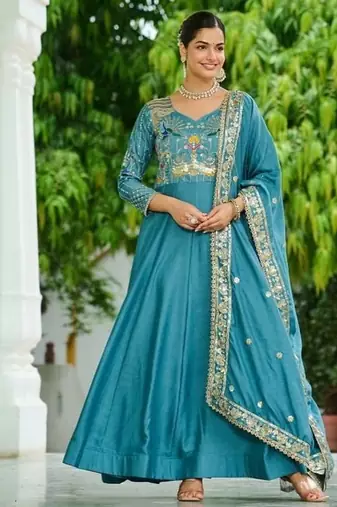 Sky blue zari & sequins embroidered work vichitra silk stitched kurta & dupatta set