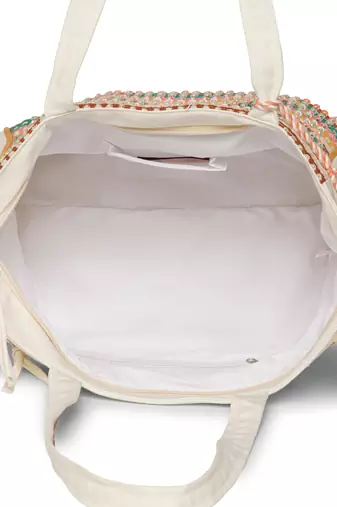 folklore edit ivory & multi cotton striped sequined tote bag