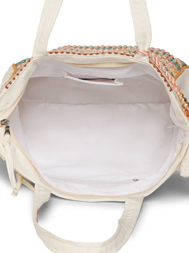 folklore edit ivory & multi cotton striped sequined tote bag