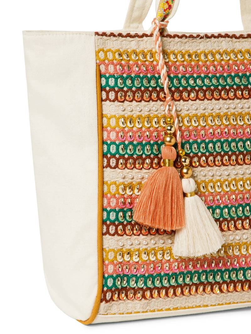 folklore edit ivory & multi cotton striped sequined tote bag