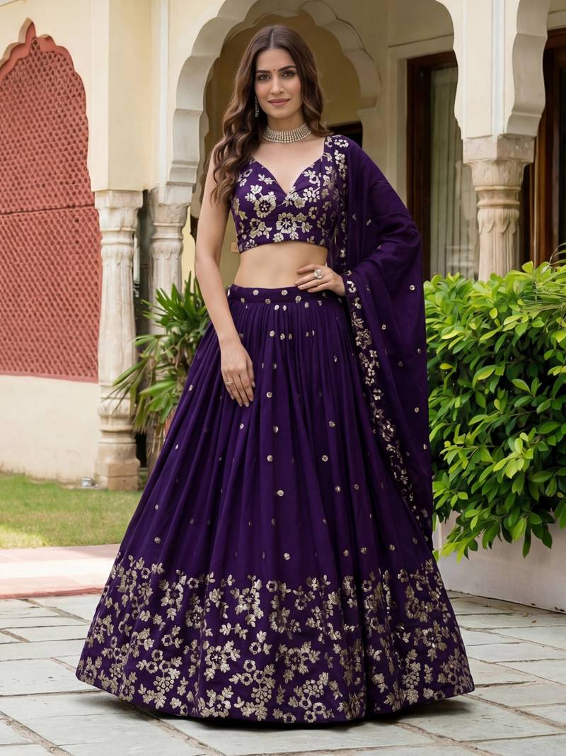 purple sequins georgette lehenga set choli with dupatta