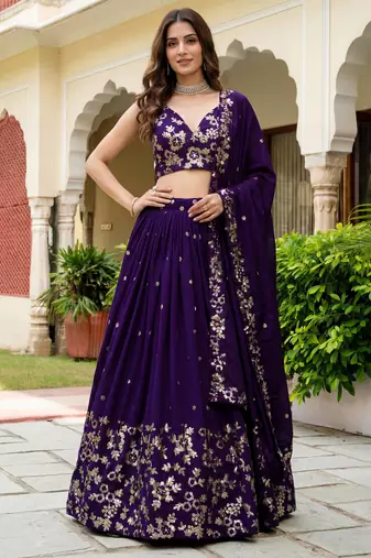 purple sequins georgette lehenga set choli with dupatta