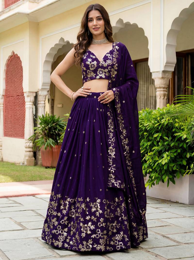 purple sequins georgette lehenga set choli with dupatta