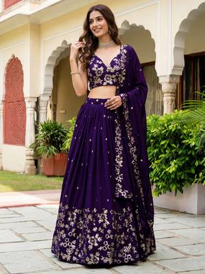purple sequins georgette lehenga set choli with dupatta 3