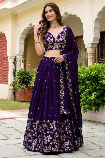purple sequins georgette lehenga set choli with dupatta