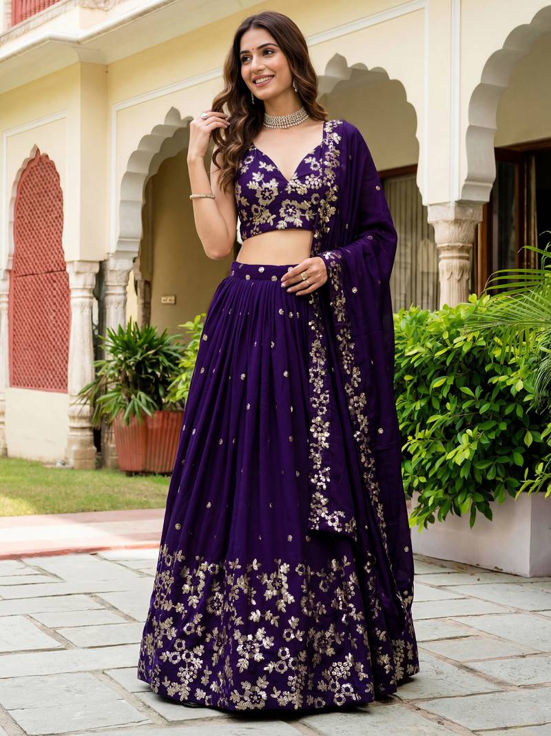 purple sequins georgette lehenga set choli with dupatta