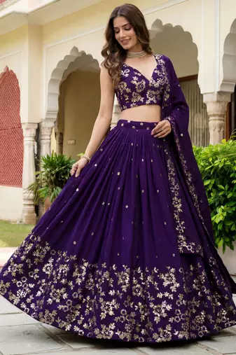 purple sequins georgette lehenga set choli with dupatta