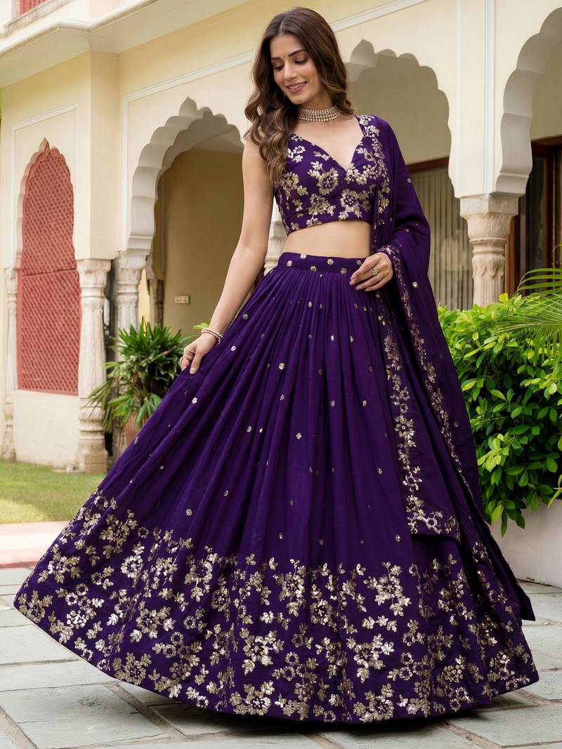 purple sequins georgette lehenga set choli with dupatta