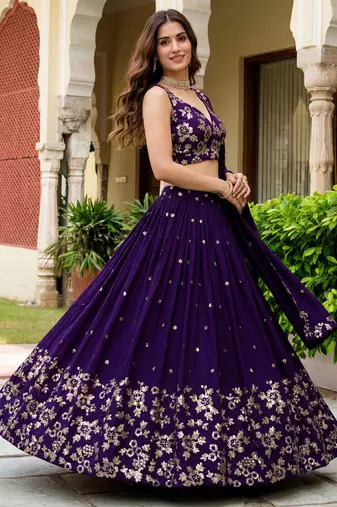 purple sequins georgette lehenga set choli with dupatta