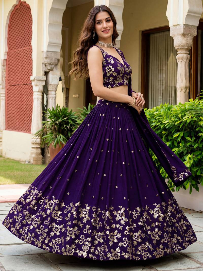 purple sequins georgette lehenga set choli with dupatta