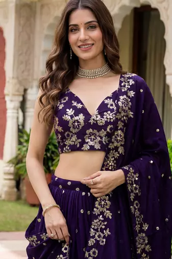purple sequins georgette lehenga set choli with dupatta