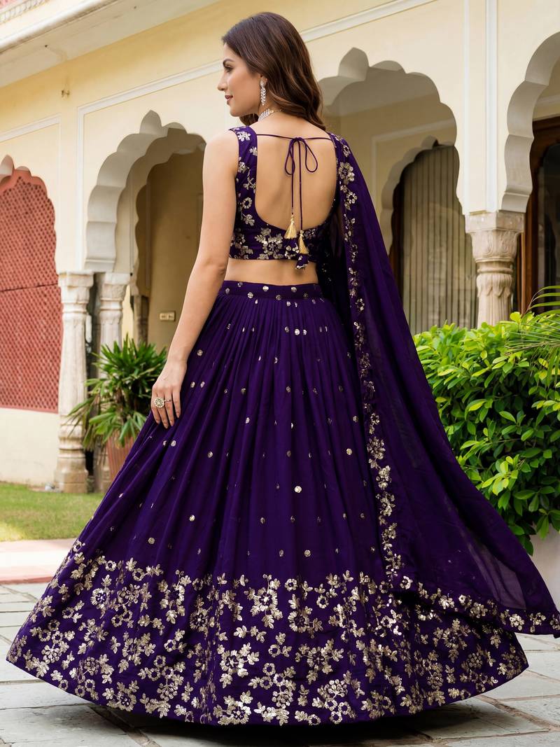 purple sequins georgette lehenga set choli with dupatta