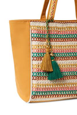 folklore edit mustard yellow & multi cotton striped sequined tote bag 8