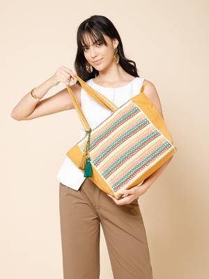 folklore edit mustard yellow & multi cotton striped sequined tote bag 9
