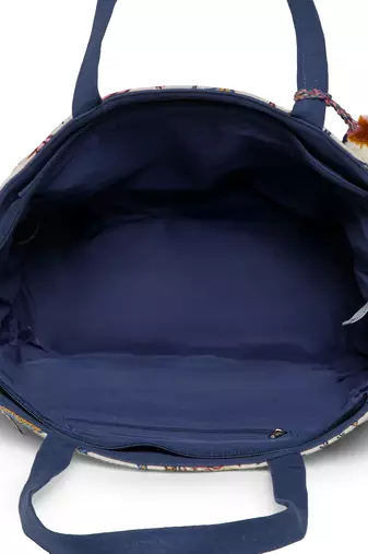 petal posh ivory & navy cotton striped sequined tote bag
