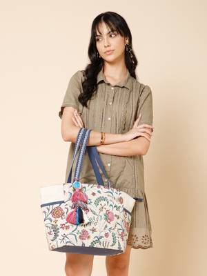 petal posh ivory & navy cotton striped sequined tote bag 9