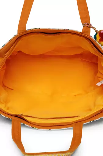 petal posh ivory & orange cotton striped sequined tote bag