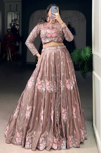 pink embroidered organza party crop top lehenga