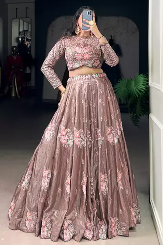 pink embroidered organza party crop top lehenga