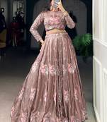 pink embroidered organza party crop top lehenga