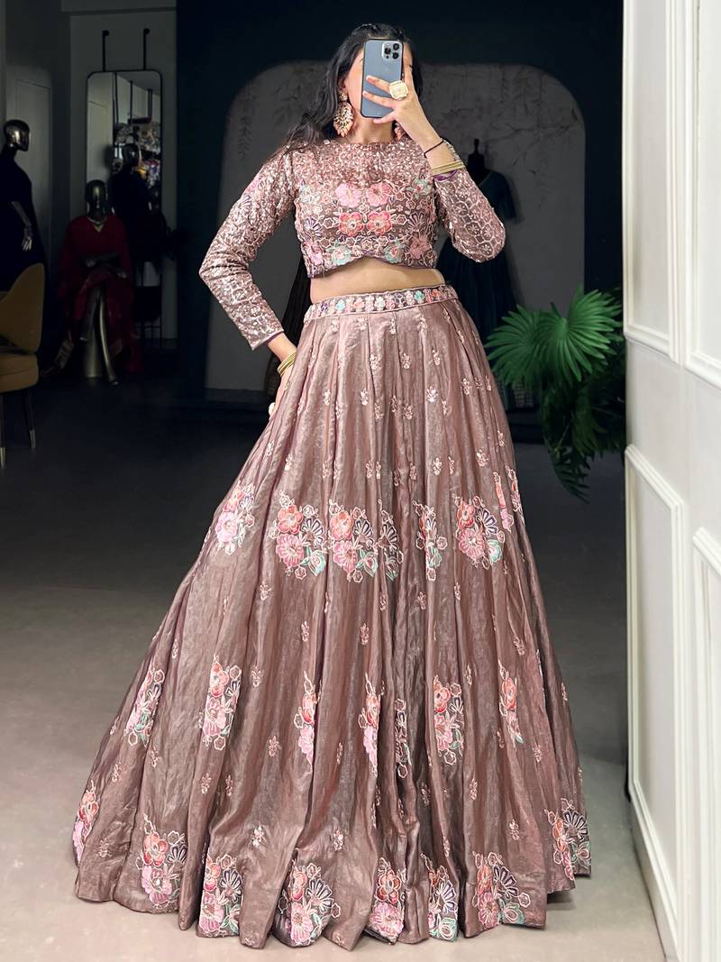 pink embroidered organza party crop top lehenga