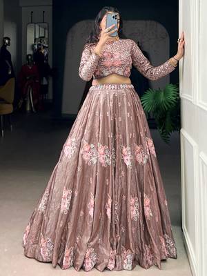 pink embroidered organza party crop top lehenga 2