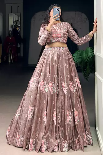pink embroidered organza party crop top lehenga