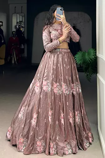 pink embroidered organza party crop top lehenga