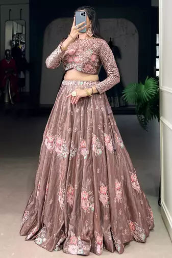 pink embroidered organza party crop top lehenga