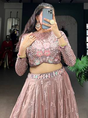 pink embroidered organza party crop top lehenga 5