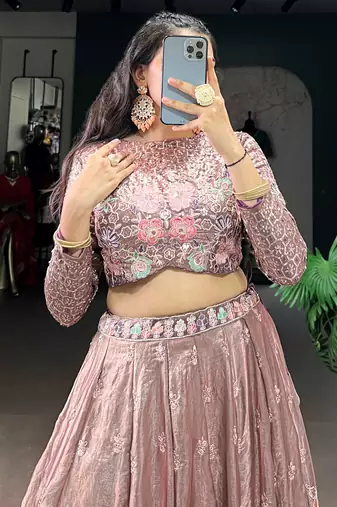 pink embroidered organza party crop top lehenga