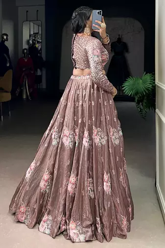 pink embroidered organza party crop top lehenga