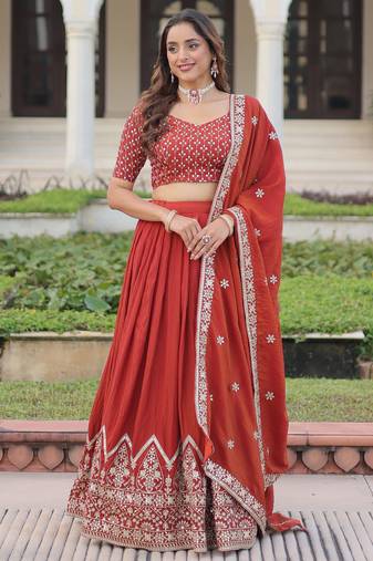 red thread embroidered silk lehenga set choli with dupatta