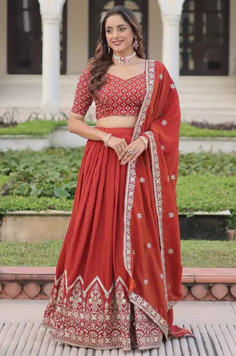 red thread embroidered silk lehenga set choli with dupatta