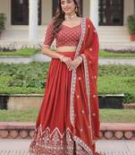 red thread embroidered silk lehenga set choli with dupatta
