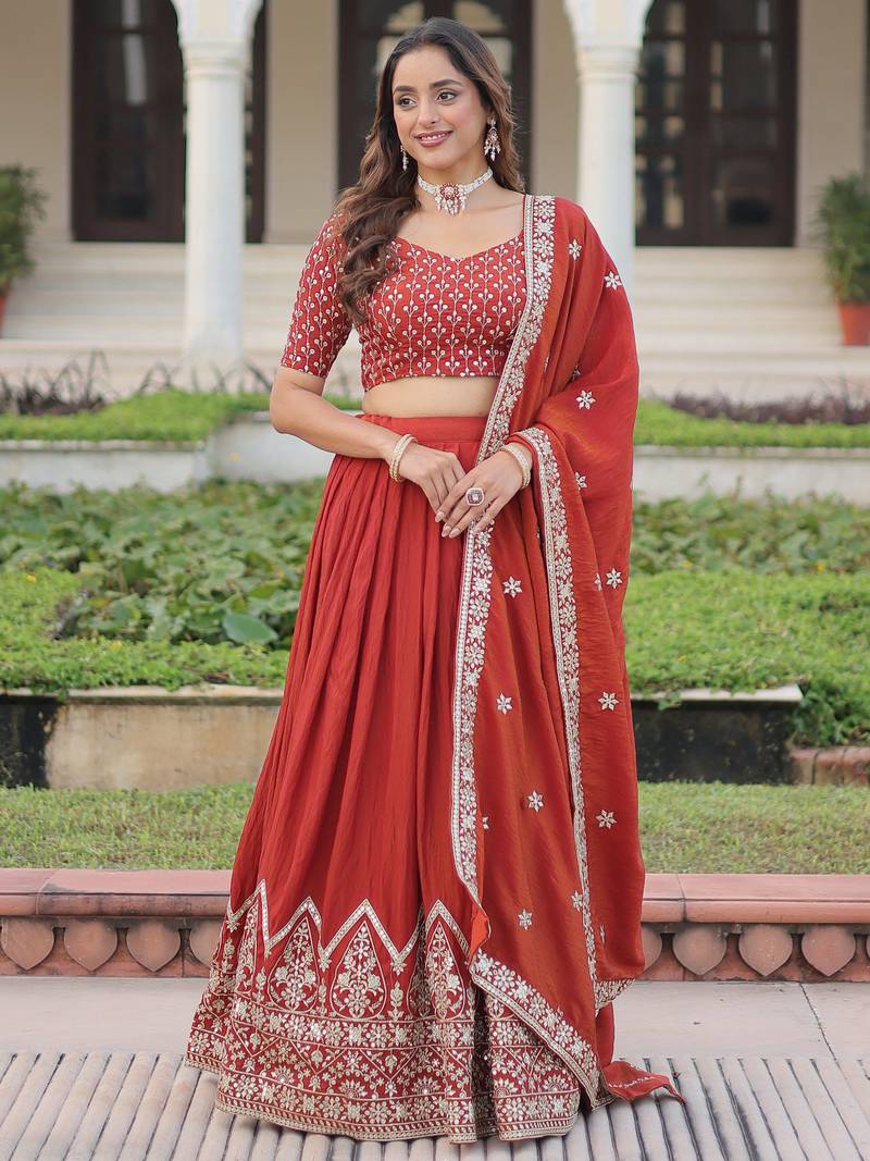 red thread embroidered silk lehenga set choli with dupatta