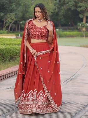 red thread embroidered silk lehenga set choli with dupatta 2