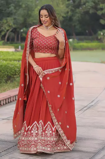 red thread embroidered silk lehenga set choli with dupatta