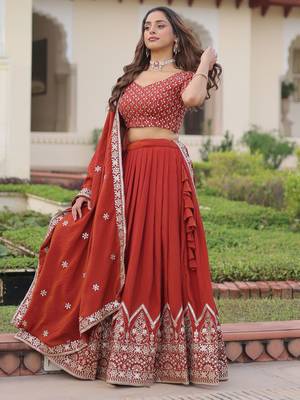 red thread embroidered silk lehenga set choli with dupatta 3
