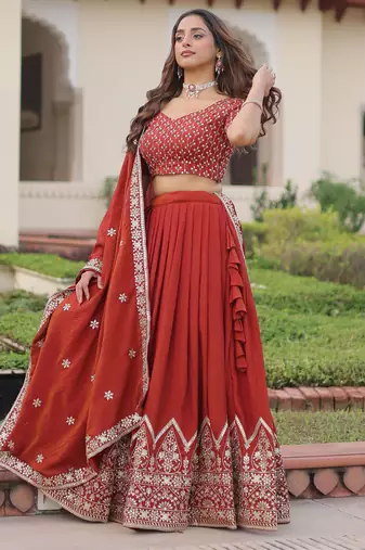red thread embroidered silk lehenga set choli with dupatta