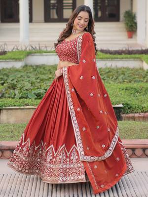 red thread embroidered silk lehenga set choli with dupatta 4