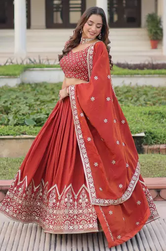 red thread embroidered silk lehenga set choli with dupatta
