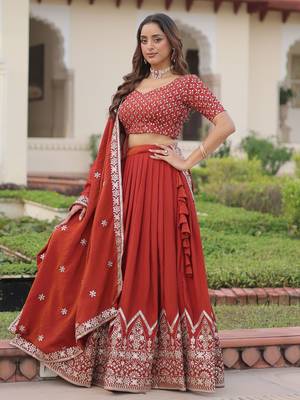 red thread embroidered silk lehenga set choli with dupatta 5