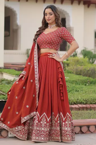 red thread embroidered silk lehenga set choli with dupatta