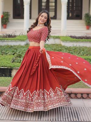 red thread embroidered silk lehenga set choli with dupatta 6